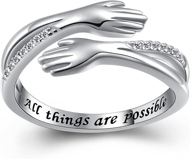 Yearace Hug Ring, S925 Sterling Silver Hug Rings for Women Girl, Hugging Hand Open Promise Ring, Mothers Day Valentine's Day Birthday Gifts - Image 1